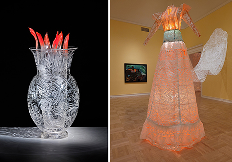 Two artworks: a glass vase and installation of room-height piece in the form of a dress..