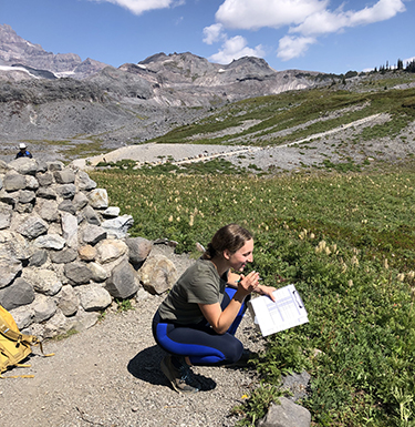 Ava Kloss-Schmidt at Mt. Rainier, squatting to look at a plant.
