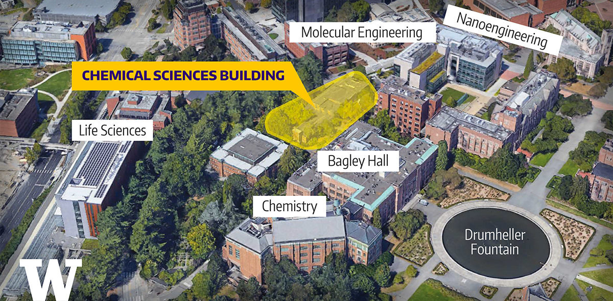 Arial site map of location of new Chemical Sciences Building on UW campus