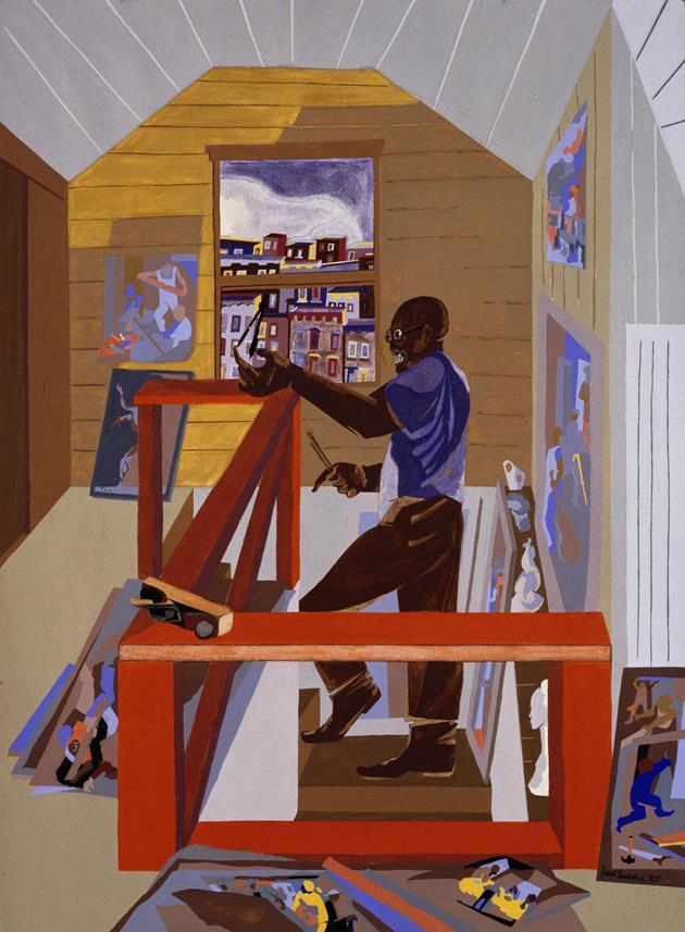 “The Studio,” a 1977 self-portrait by Jacob Lawrence, features his Seattle home studio with a window looking out to Harlem.