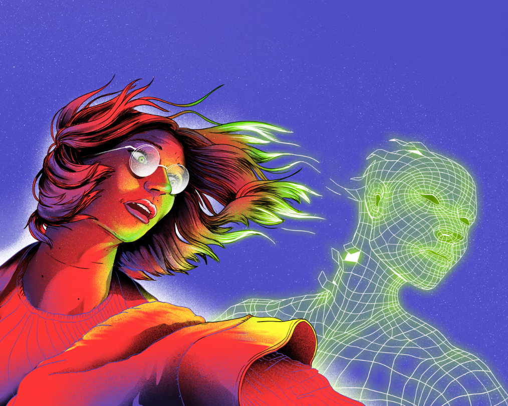 Illustration of a person with glasses and an artificial intelligence copy behind them