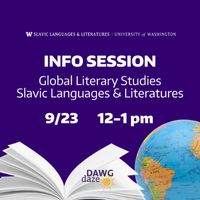 Text: Info Session — Global Literary Studies, Slavic Languages & Literatures; 9/23, 12-1 pm; Visual: Open book and globe at the bottom with a purple background