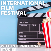 Text: International Film Festival with International Studies; Visual: Director's clapperboard and popcorn on a light blue background