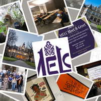 Middle Eastern Languages and Cultures (MELC) collage featuring students of people and art, Denny Hall, and their MELC logo