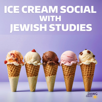 Text: Ice Cream Social with Jewish Studies; Visual: Five ice cream cones with assorted flavors over a light purple background