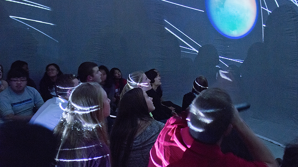 Inside the Astronomy Department’s mobile planetarium. Photo by Mary Levin.