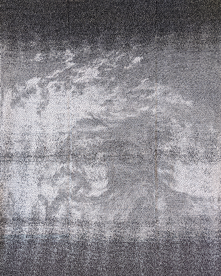 Listening Space: Satellite Ikats (2019-20), by Afroditi Psarra and Audrey Briot, double jacquard knit of NOAA 18 data transmission at 137.9125 MHz. Image courtesy of the artists.