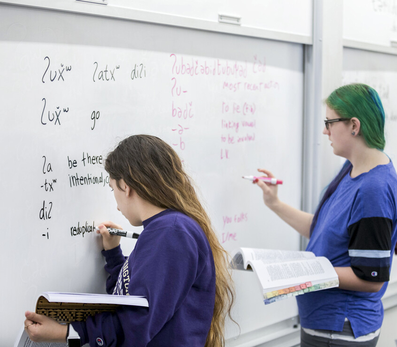 Two students with textbooks writing on a whiteboard