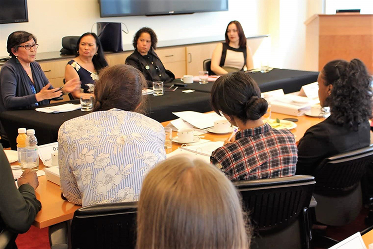 Community driven policy panelists Emma Catague, Cindy Domingo, Nikkita Oliver and Giuliana Conti speaking to NEW Leadership participants.