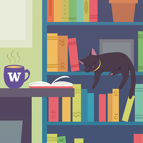 illustration of cat sleeping on bookshelf filled with books