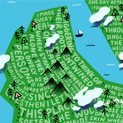 Illustration: map with the green land areas covered with words,