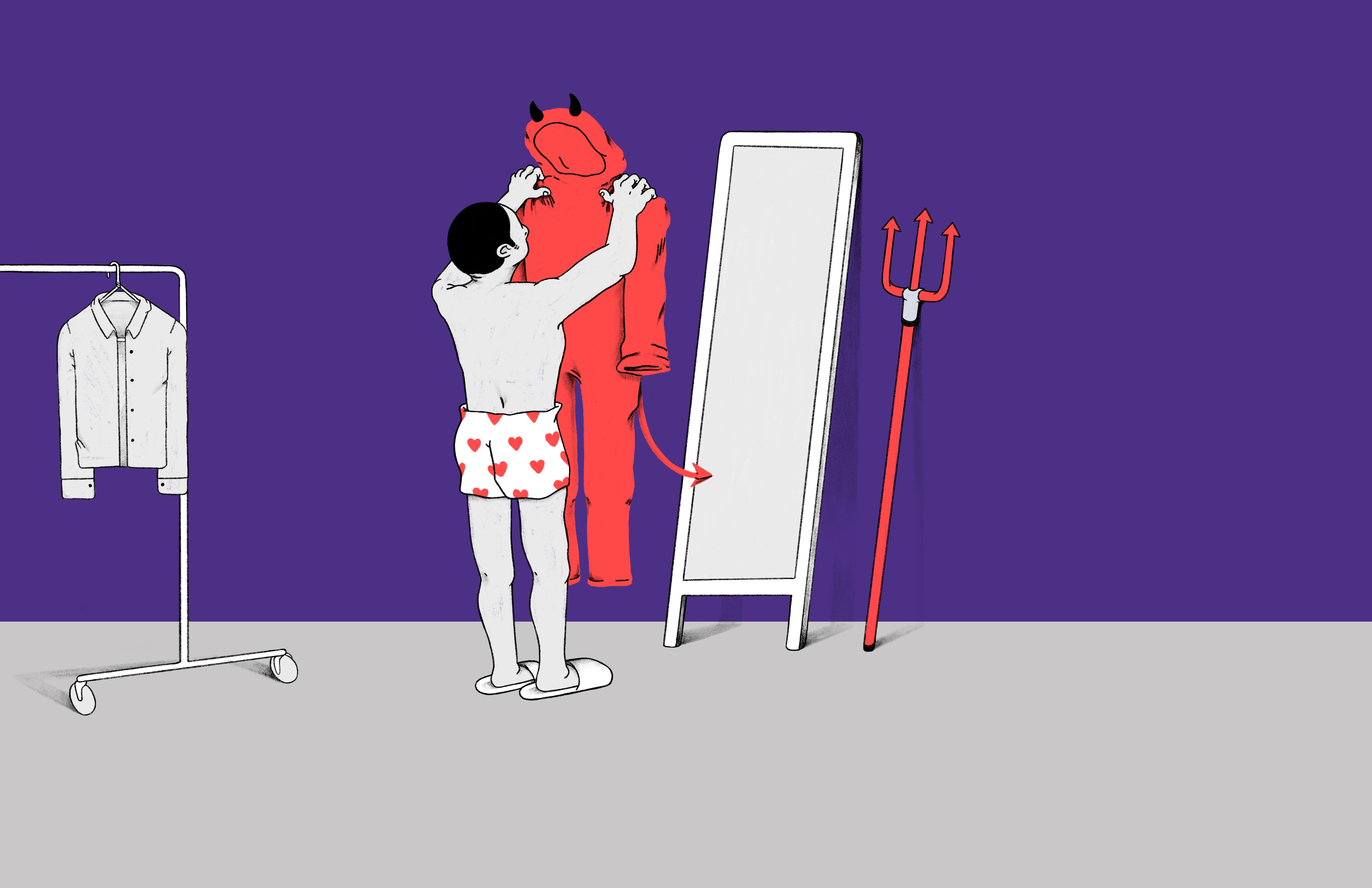 illustration of person hanging up devil costume