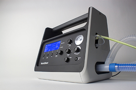 Photo of the WorldVent ventilator, a small and portable unit. 