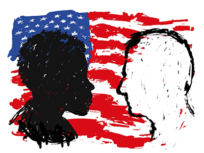 illustration with black and white faces in profile in front of American flag