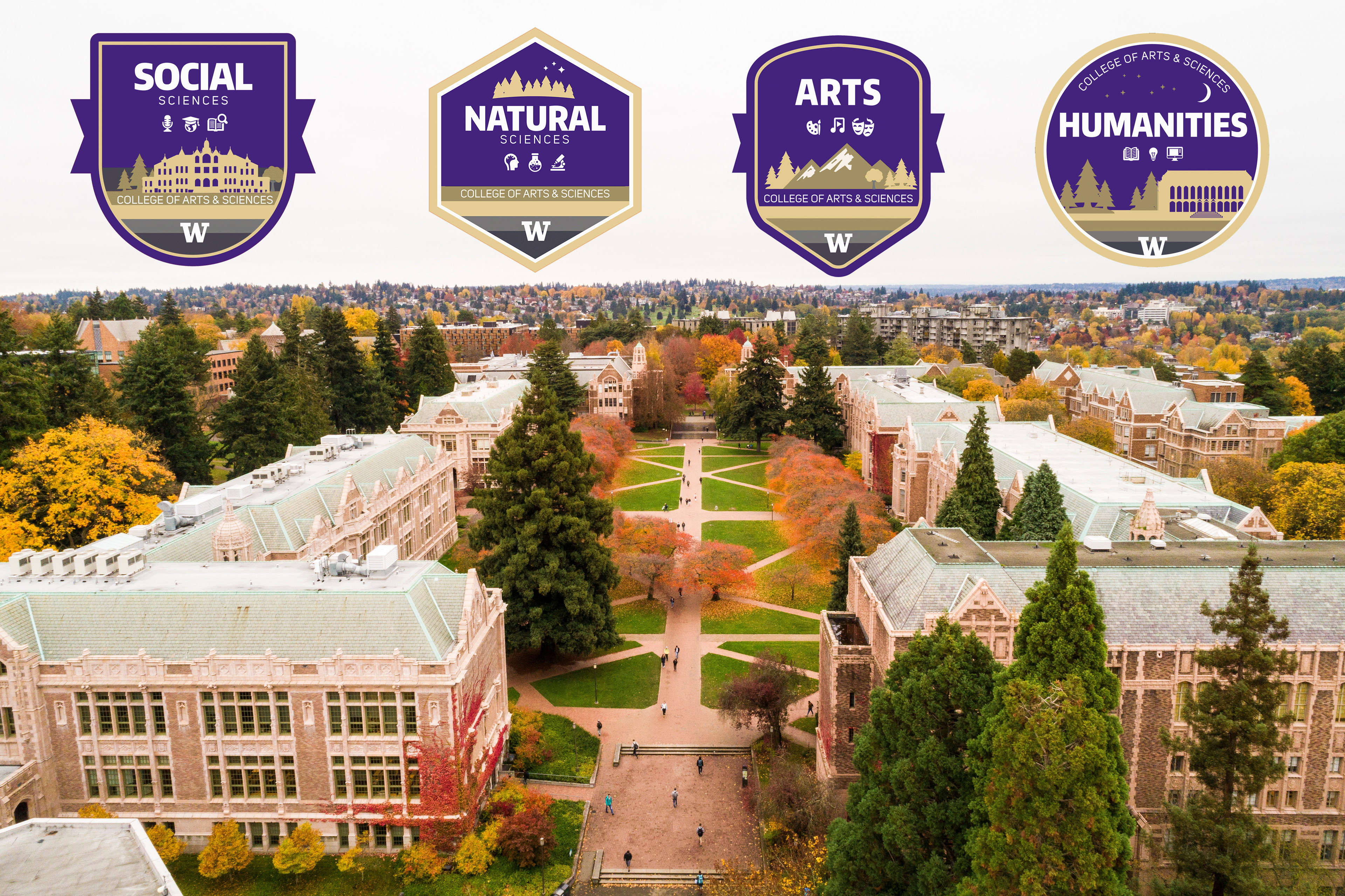 Aerial view of the Quad during fall with Arts & Sciences divisional gif stickers overlay