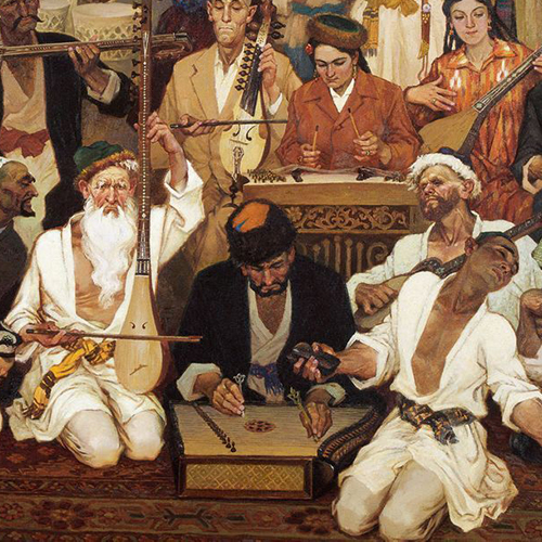 Painting of musicians performing. 