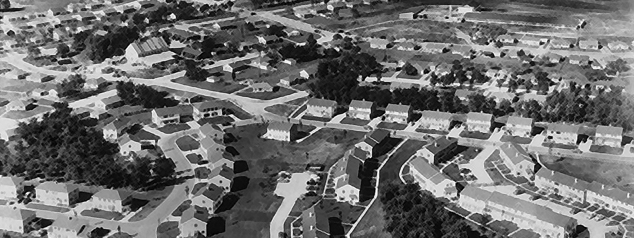 Stylized image of a 1950s neighborhood subdivision.