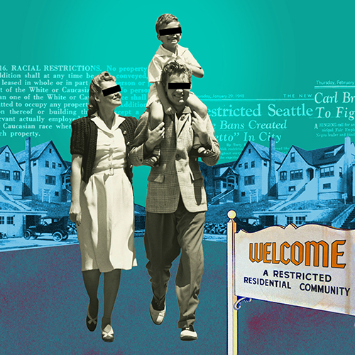 Illustration of white 1950s couple in neighborhood with "restricted neighborhood" sign. 