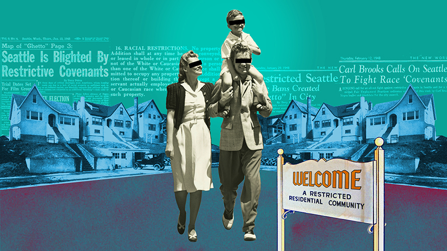 Illustration of white 1950s couple in neighborhood with "restricted neighborhood" sign. 