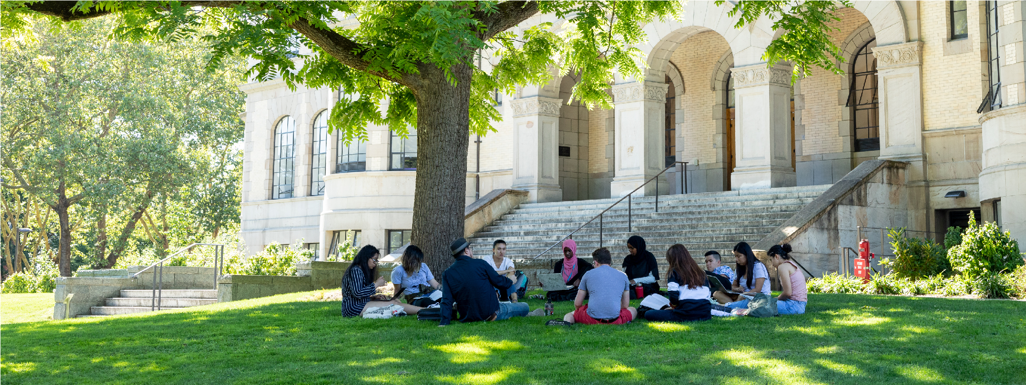 Students sitting under a tree outside of Denny Hall