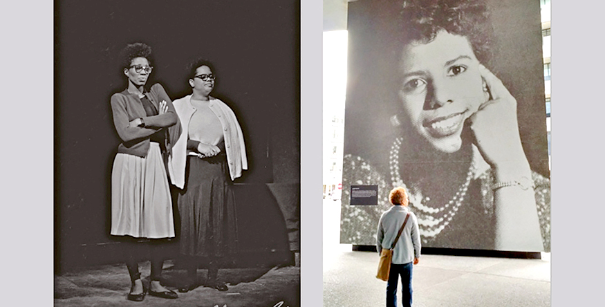 Photos of Valerie Curtis-Newton performing, and looking at a photo of Lorraine Hansberry.