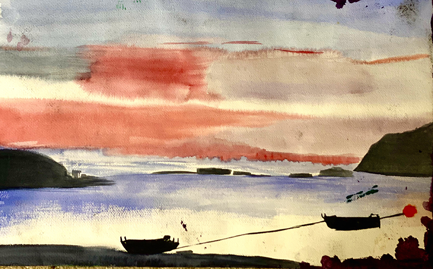 A watercolor of a water scene in Alaska.