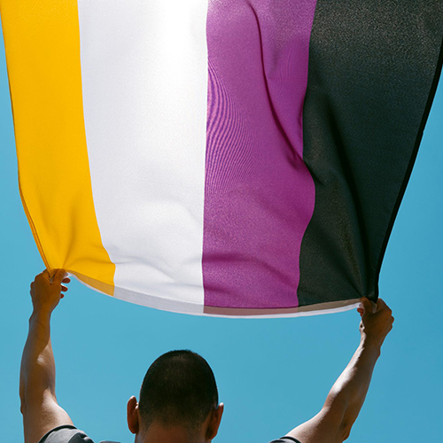 Person holding nonbinary flag with yellow, white, purple, and black stripes