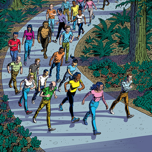 Illustration of many people walking along a road