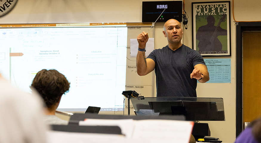 Jay Gillespie leading a band class at Ballard High School in Seattle