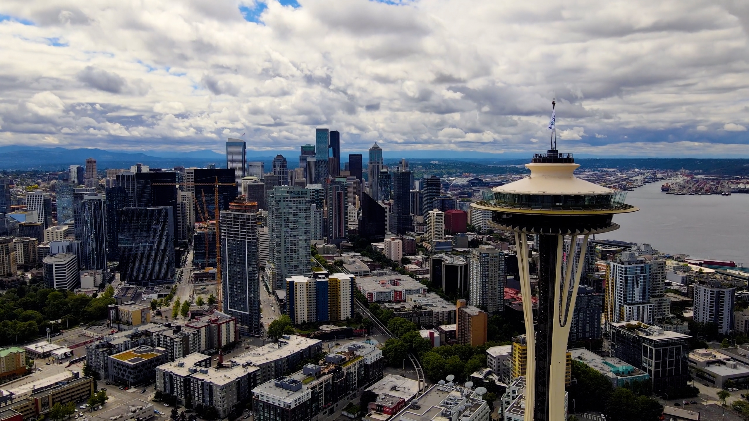 Drone/helicopter view of downtown Seattle