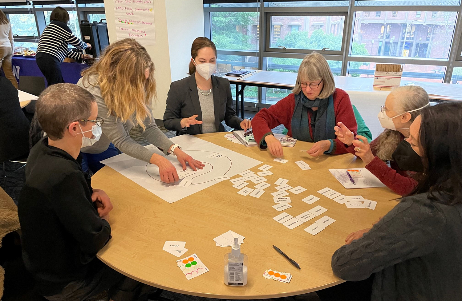 Faculty participate in a thematic card exercise around a table with the Humetrics team.