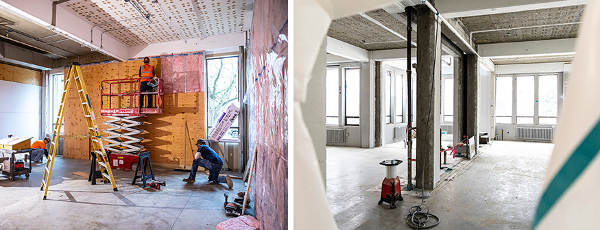 Two photos showing two stages of the Art Building renovation process.