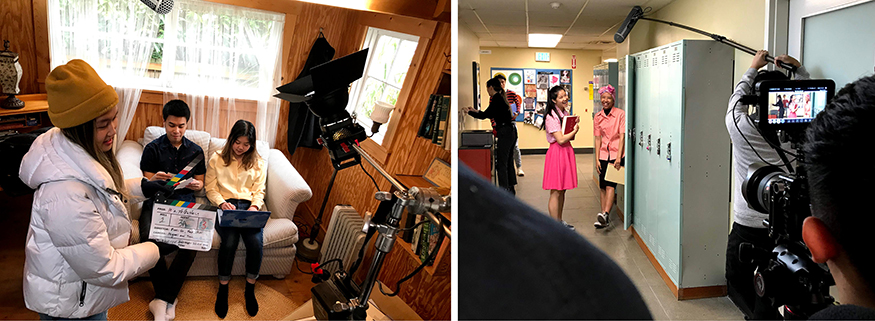Two scenes of In the Yellow Tone being filmed, one in a school hallway and one in a house. 