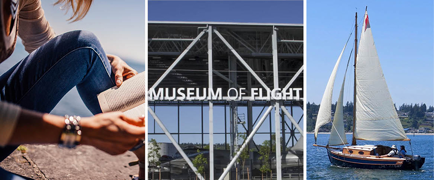 Photos of person reading book, exterior of Museum of Flight, and a sailboat