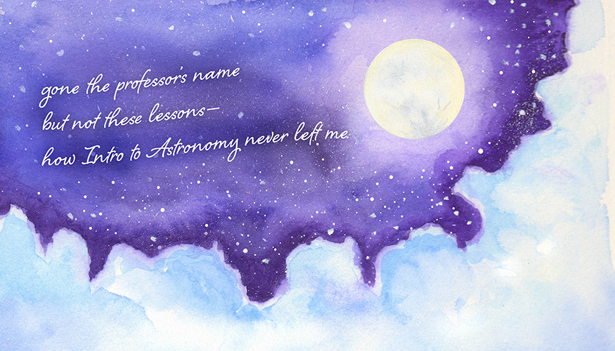 illustration with moon, clouds, stars, and lines of a poem