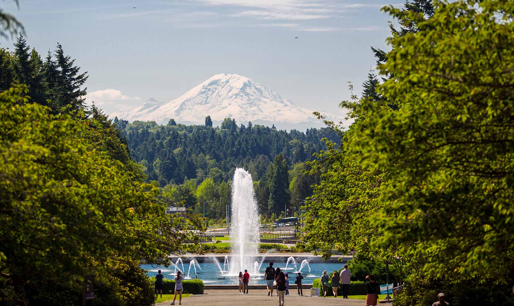 View of Drumheller Fountain with Mt. Rainier in the background