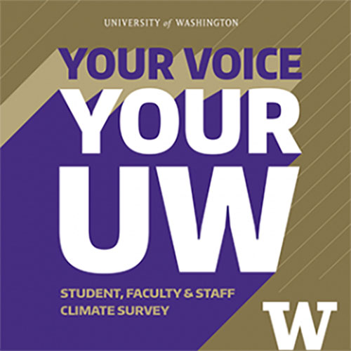 Graphic for Climate Survey that reads: Your Voice, Your UW. Student, Faculty & Staff Climate Survey