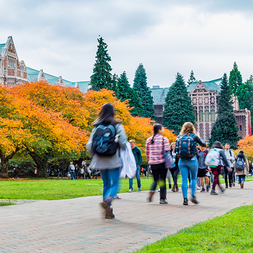 Students walking across UW quad on autumn day