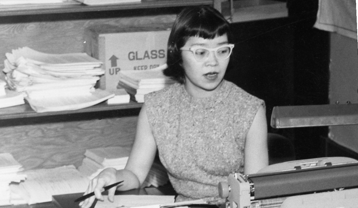 Kay Tomita Hashimoto working as a journalist for the Redwood Journal, a regional newspaper in Ukiah, CA, in in the early to mid-50s, shortly after graduating from the UW.