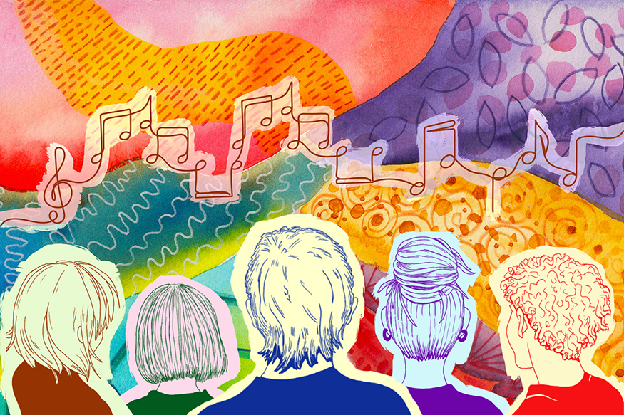 Illustration showing backs of heads of students listening to live music, represented as bright colors and musical notes