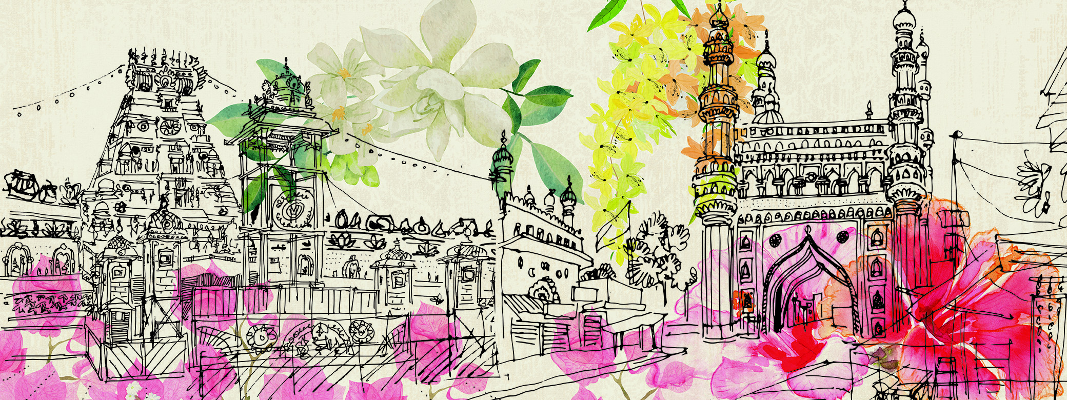 An illustrated collage of Indian buildings, flowers, and iconography