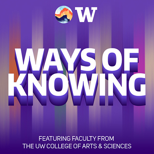 Ways of Knowing podcast title logo with colorful stripes behind