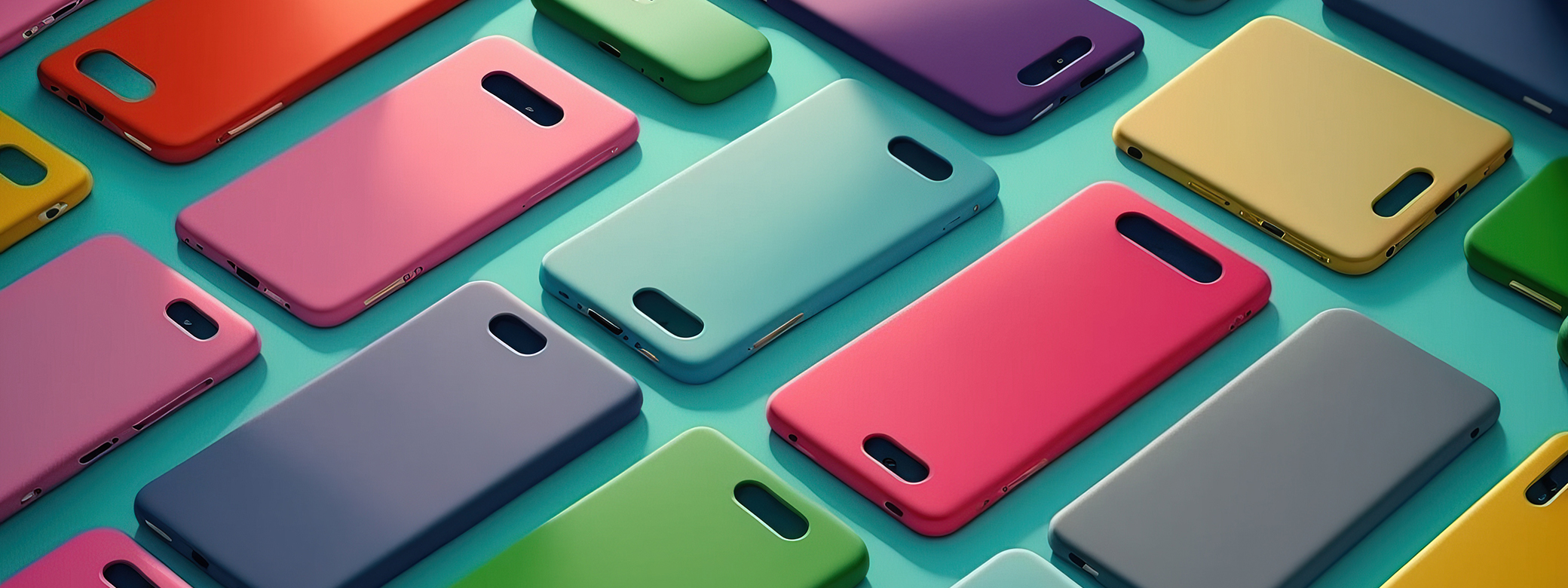 A row of colorful cellphone covers