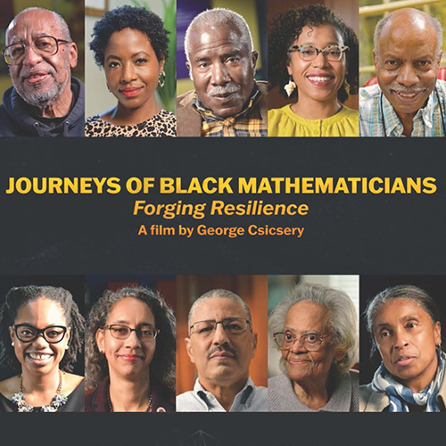 Detail from poster for Journeys of Black Mathematicians, with photos of Black mathematicians all around the title