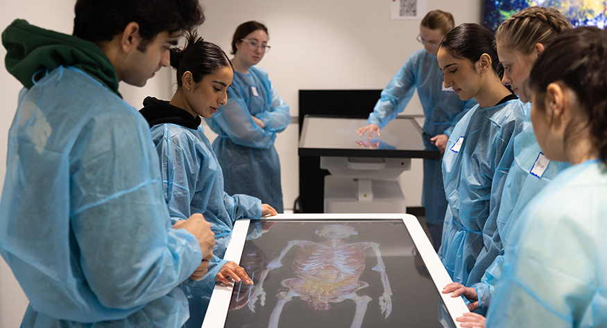 Students surround an Anatomage table, looking at a digitized image. 