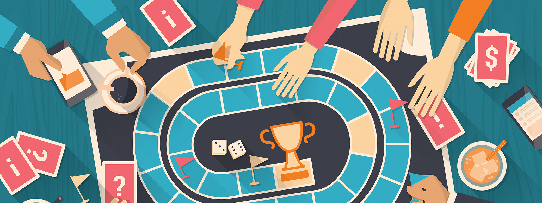 Illustration of hands reaching out to grab cards on a game board