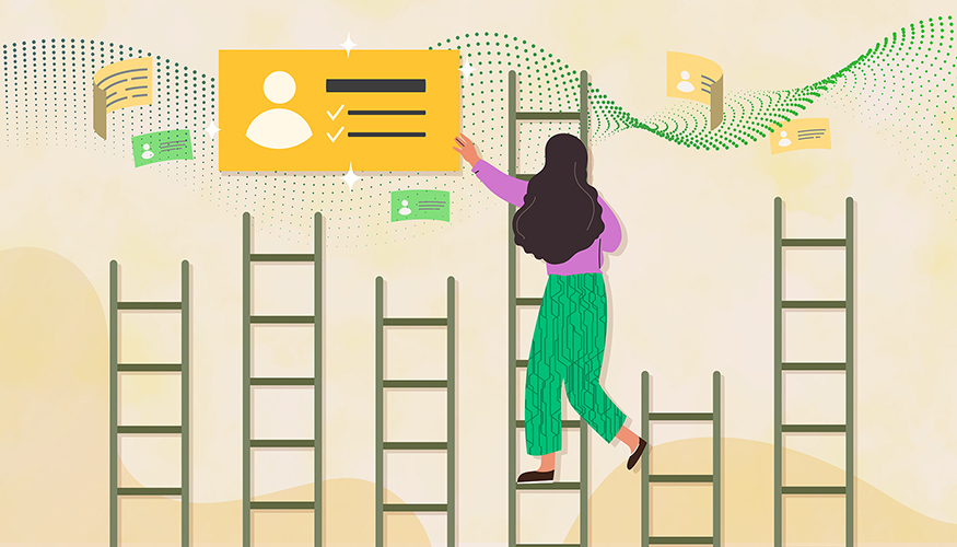 Illustration of person climbing a ladder to reach an abstracted online bio 