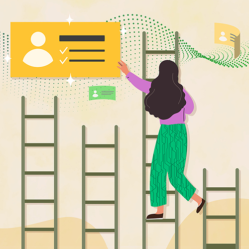 illustration of woman climbing a ladder, reaching for digital profile floating in the air