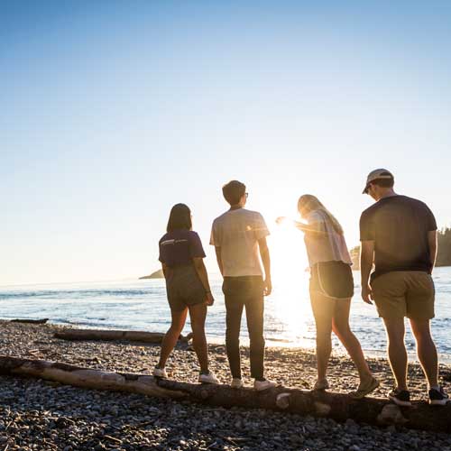 Students standing on shoreline and looking toward horizon