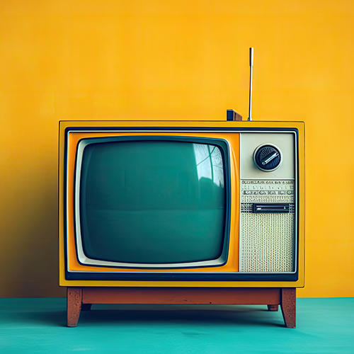 Old style television in front of an orange wall. 